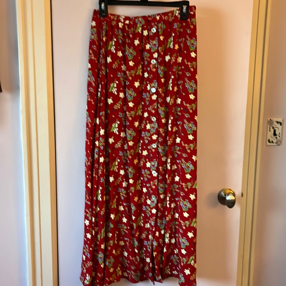 JENNY HELENE-beautiful, bright, red floral, print skirt, ankle length -